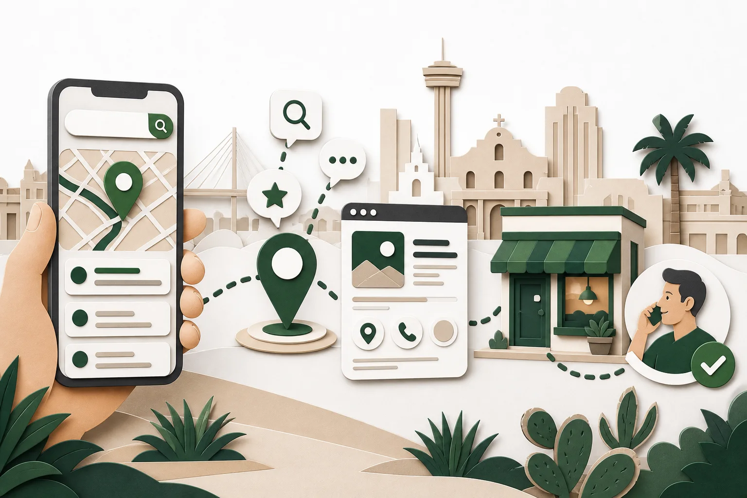 Illustration of a local search leading to a Rio Grande Valley business website and customer call
