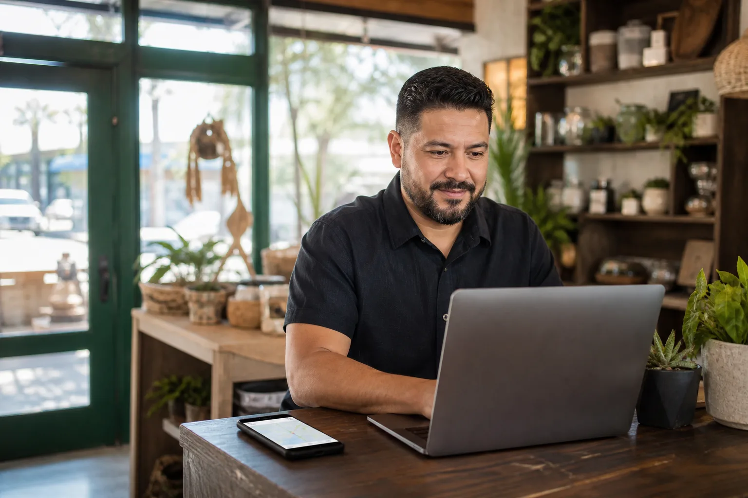 Rio Grande Valley small business owner reviewing a website in his storefront