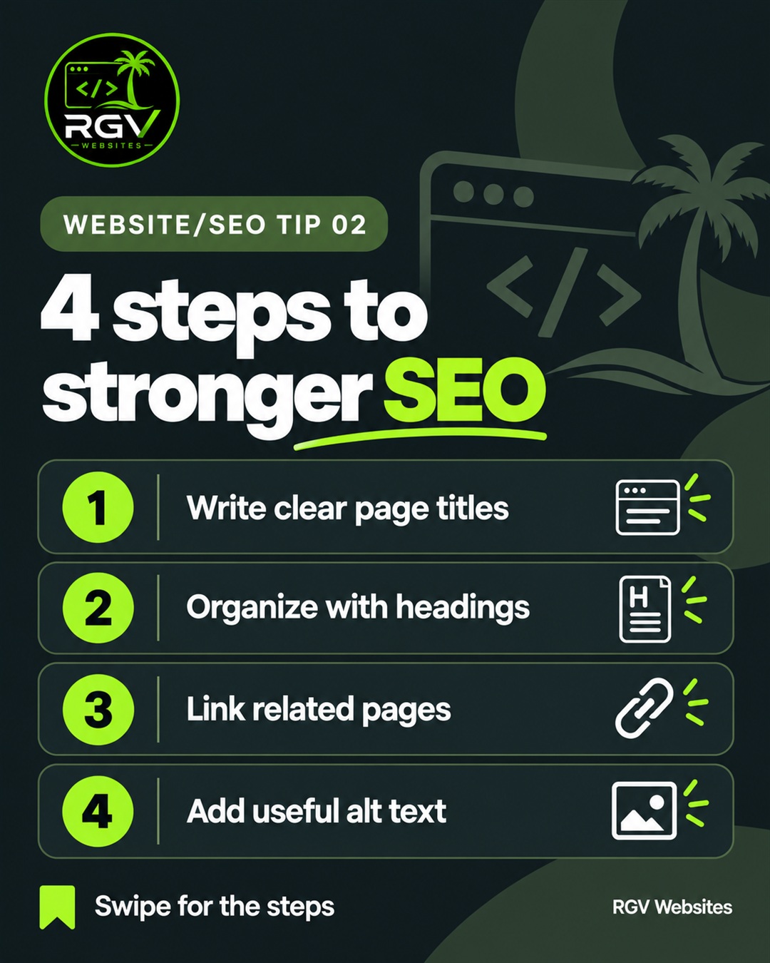 RGV Websites checklist showing four SEO steps: clear page titles, organized headings, related-page links, and useful image alt text