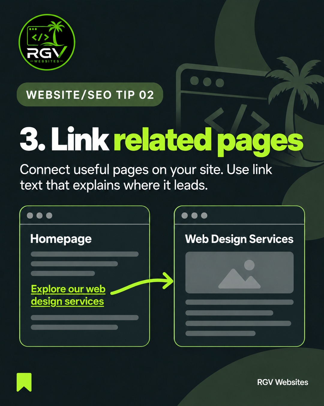Homepage linking to a related web design services page with descriptive text