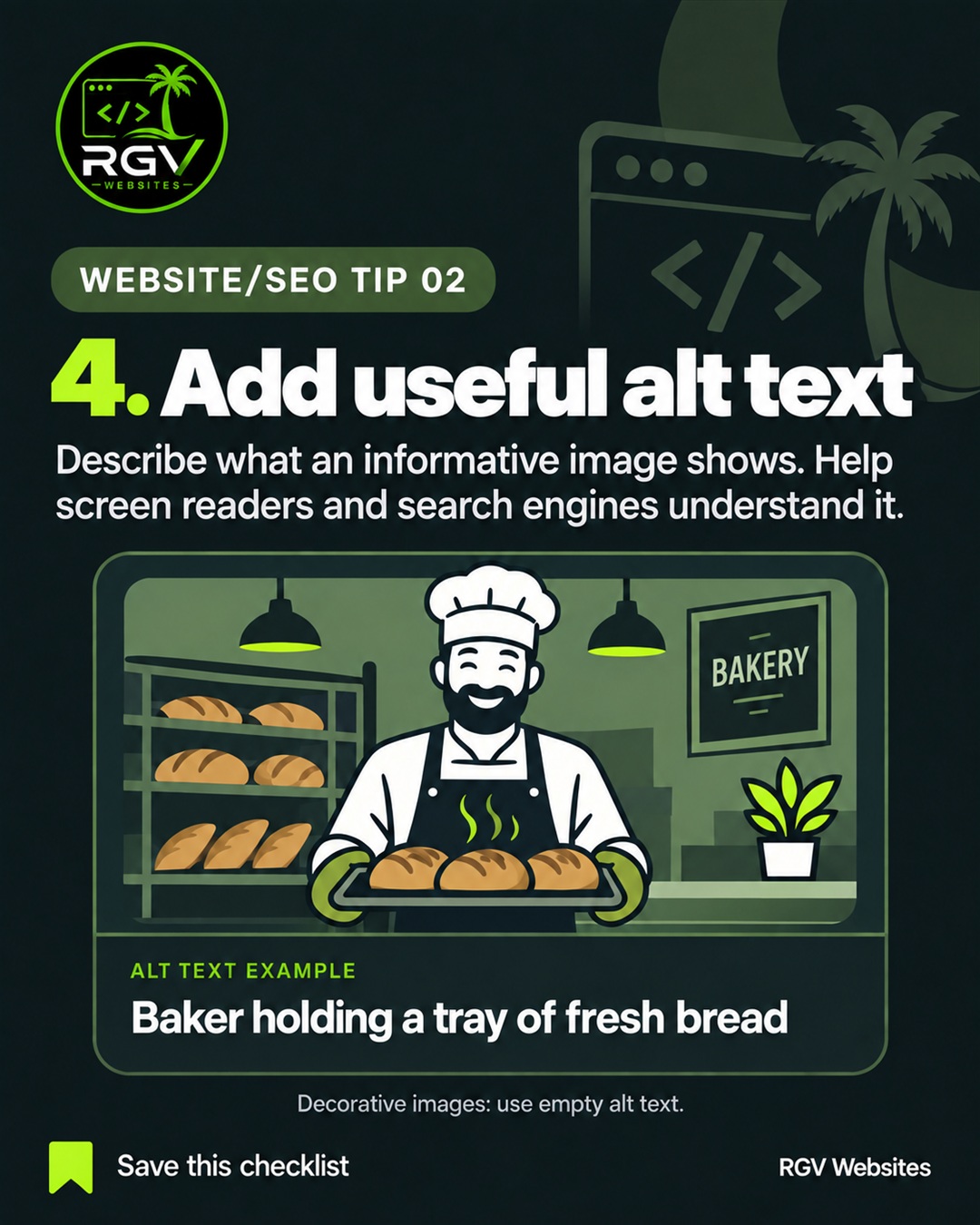Illustrated baker holding a tray of bread with an example alt description