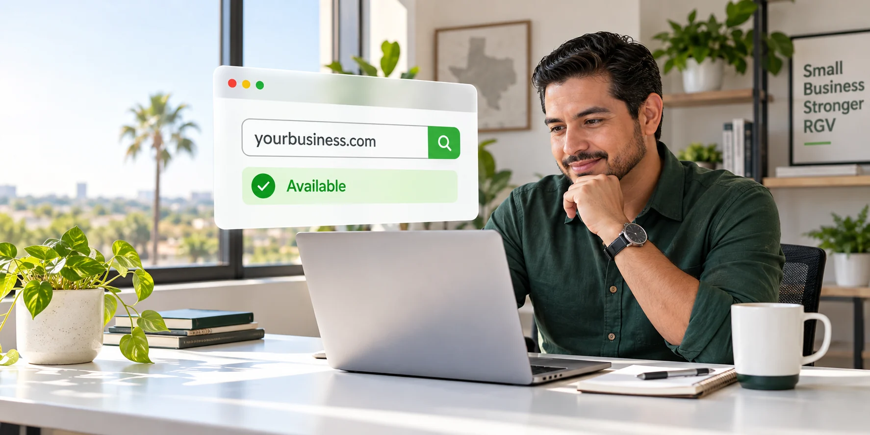 Rio Grande Valley business owner reviewing an available domain name on a laptop