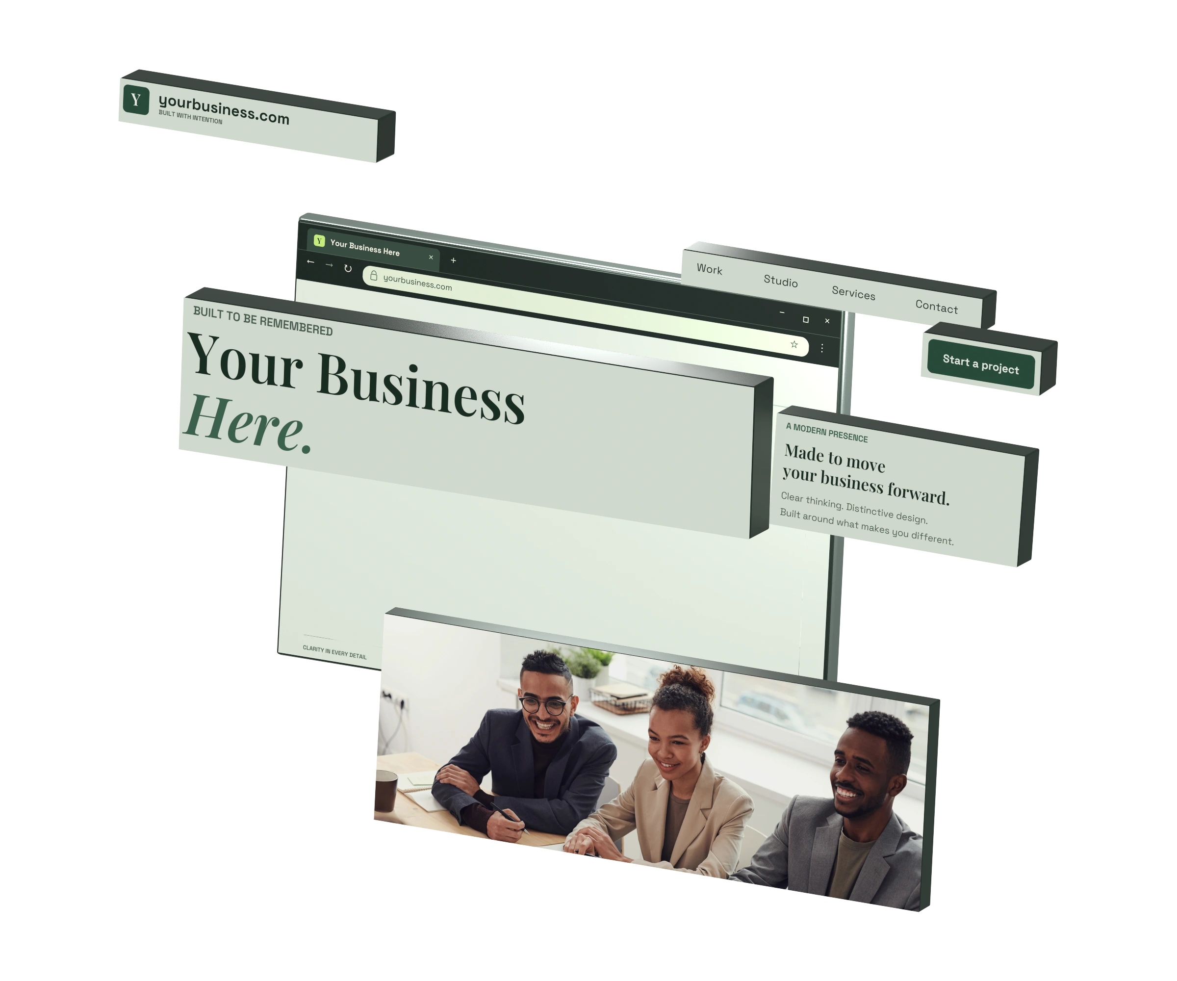 Your Business Here: un sitio web empresarial separado en paneles tridimensionales, con profesionales sonrientes reunidos en una oficina luminosa.