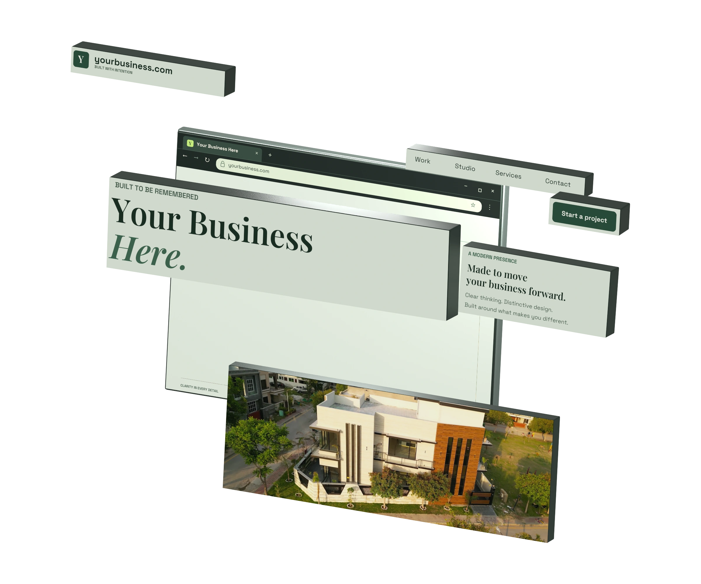 Your Business Here: a business website separated into dimensional panels, with a cinematic aerial tour of a modern home.