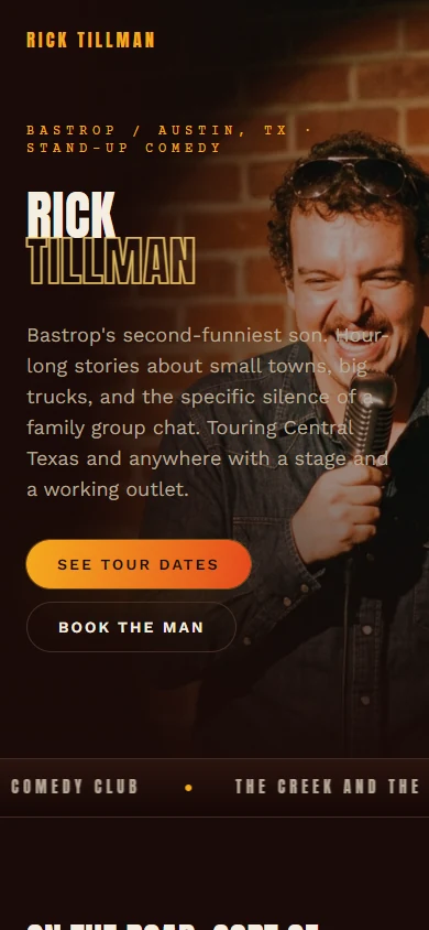 Mobile website design for an entertainer displayed on a phone-sized canvas