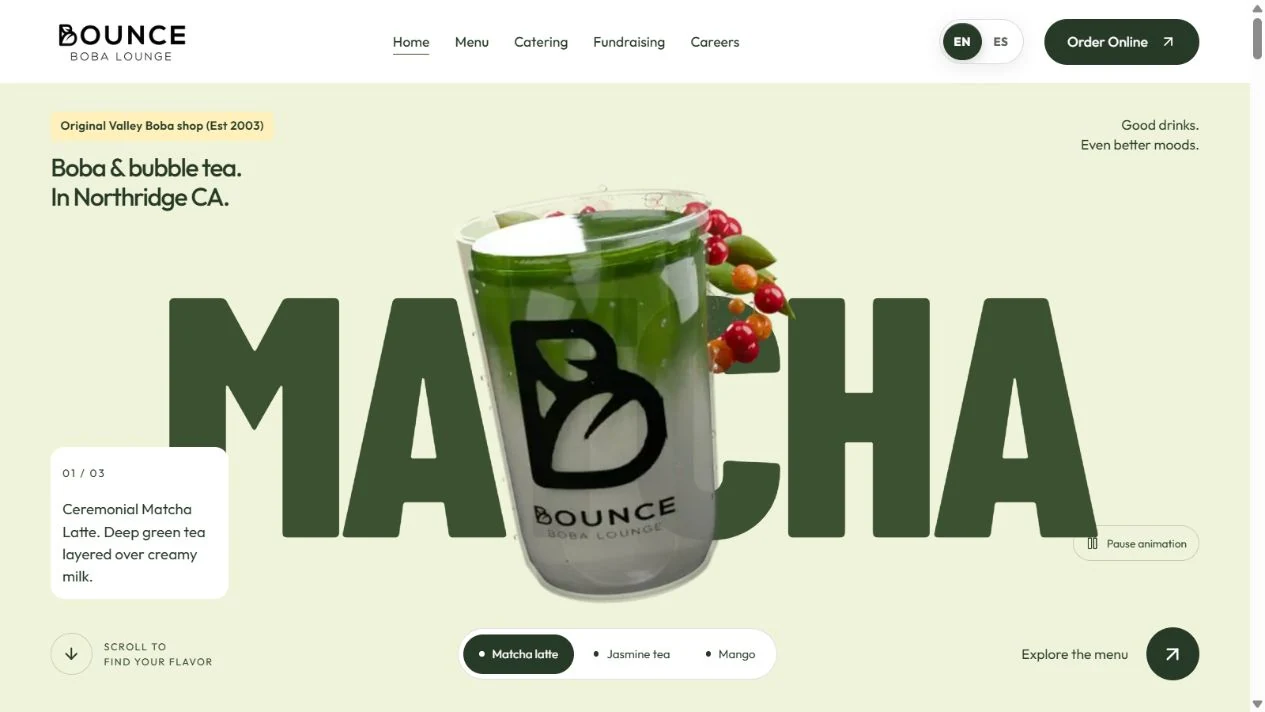 Bounce Boba Lounge website with a matcha drink animation and oversized green typography