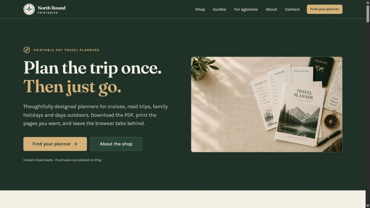 North Bound Printables website with forest-green styling and printable travel planners